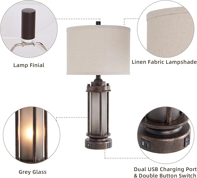 AIEAMPDO 25" Farmhouse Lamps for Living Room with 2 USB C+A Ports | Rustic Vintage Design, Frosted Glass Nightlight, Bulbs Included, Retro Desk Lamp