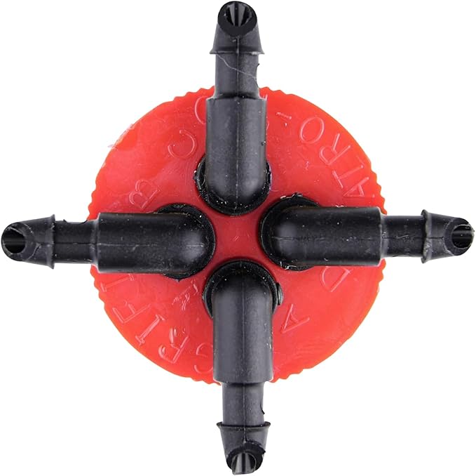 Raindrip QB10UB, Cuatro-Flo® Four-Outlet Bubbler, Drip Irrigation Emitters for Drip Irrigation Gardening Systems, 10 GPH Per Outlet, 1/2-Inch FPT Inlet, Black/Red