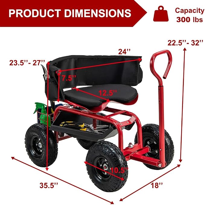 THUNDERBAY Garden Cart Rolling Workseat with Wheels, 360 Degree Swivel Seat, Wagon Scooter with Steering Handle & Utility Tool Tray for Planting, with Storage Basket and Tool Pouch, Red