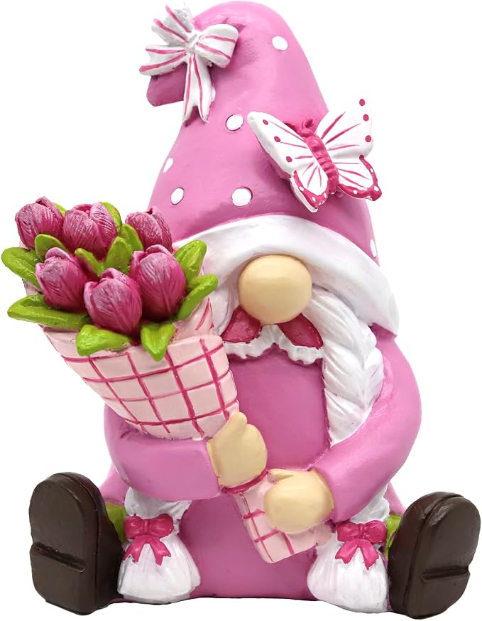 Spring Summer Gnomes Decorations for Home Office - Resin Pink Garden Gnomes with Butterfly Tulip - Retirement Gifts for Women Tiered Tray Decor