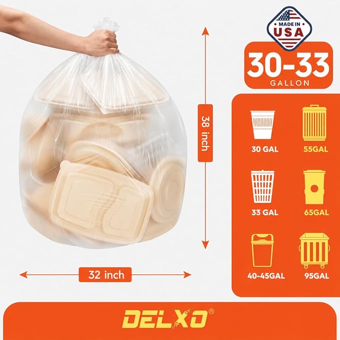 DELXO 30-33 Gallon Trash Bags, 250 Count Light to Medium Large Clear Garbage Bags, Thick Durable and Puncture-Resistant Plastic Bags for Kitchens, Yards & Offices, Made in USA