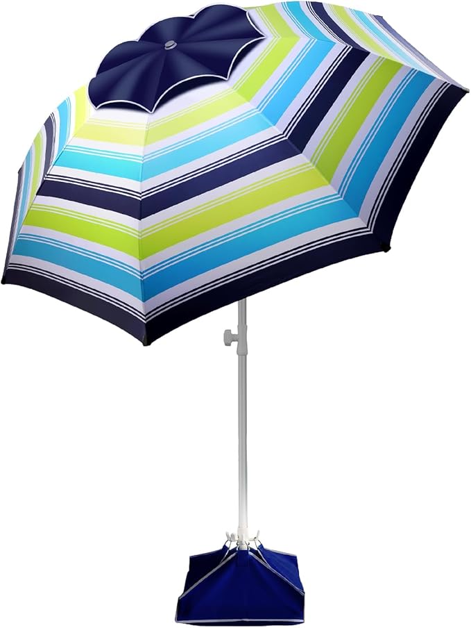 Fisqueen 8FT Large Beach Umbrella with Level 7 Wind Resistance Sand Anchor Sand Bag, Portable Outdoor Umbrella with UPF50+ UV Protection, Tilt Sun Shelter for Beach, Patio, Yard