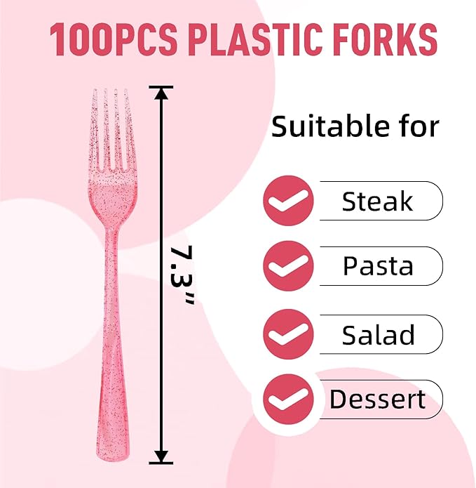 100 Pcs Pink Plastic Forks, Pink Plastic Silverware, Heavy Duty Plastic Cutlery Set Disposable Utensils Sets for Brithday, Wedding, Baby Shower, Bridal Shower