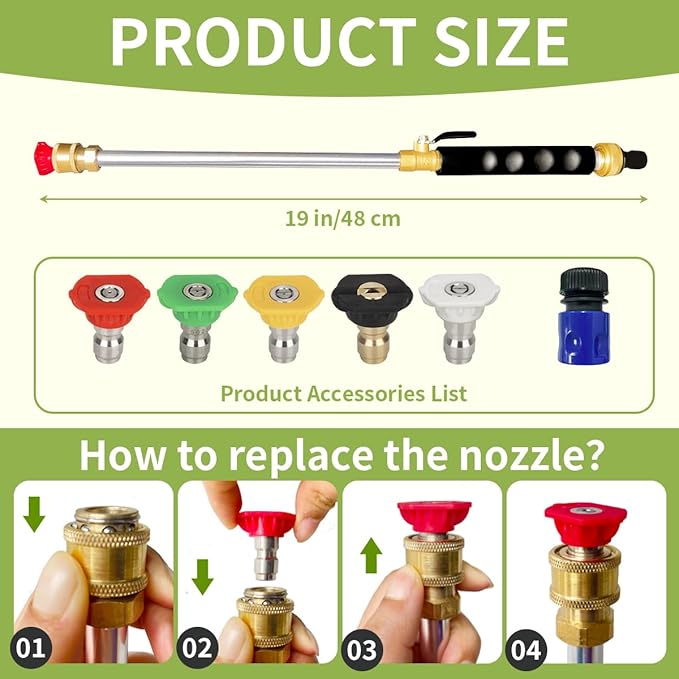 Upgrade Leak-Free jet nozzle high pressure hose nozzle，Suitable for garden hoses high pressure power washer wand with 5 High Pressure hydro nozzles and Quick Connectors (black)