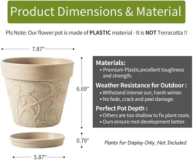 Melphoe Plastic Plant Pots Indoor with Drainage & Saucer, 2Pack 8 inch Flower Pots Outdoor Planters for Indoor Plants Garden Home Decor Cactus Succulent, (NOT-Terracotta) Vine-Embossed