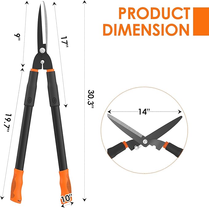 Luvenia Hedge Shears, 31 Inch Heavy Duty Hedge Clippers, Carbon Steel with 15° Bevel Blade, Ergonomic Handle & Compound Lever Shears Gardening Tools for Yard, Bush and Shrub Trimming, Black