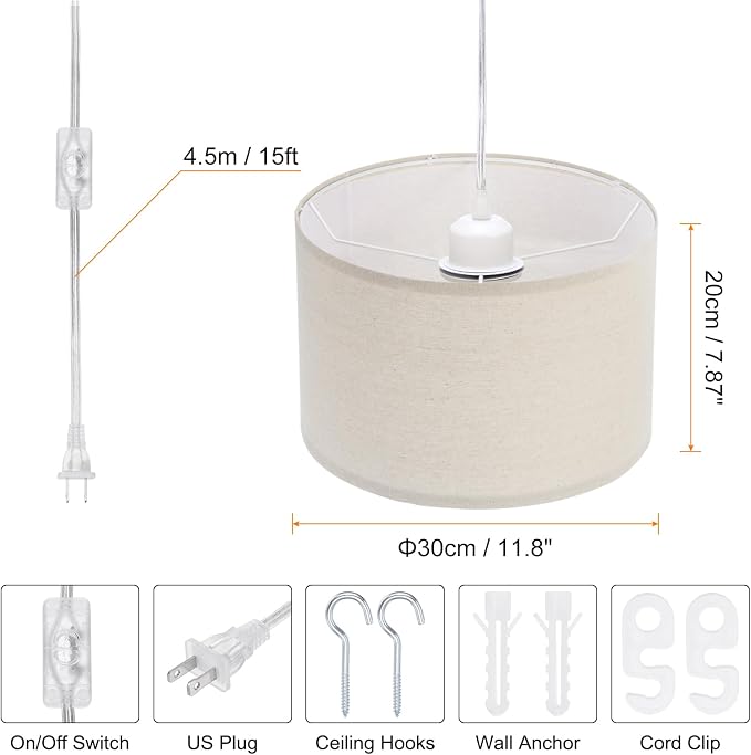 PATIKIL Plug in Pendant Light, 15Ft Rope Cord Hanging Lamp Fixture with ON/Off Switch, Linen Fabric Shade E26/E27 Bulb Socket for Bedroom Kitchen Living Room, Light Linen