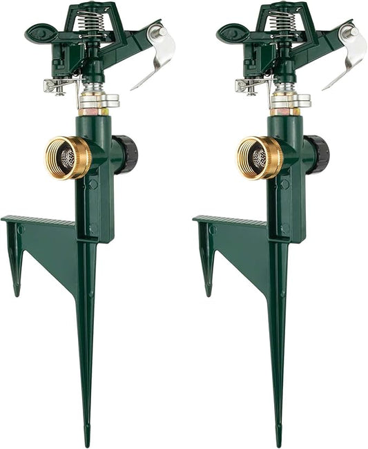 2 Packs Spike Sprinklers for Yard, Impact Sprinkler on Metal Step Spike Base, Adjustable Zinc Alloy Water Sprinkler for 360 Degree Large Area Yard Garden Lawn Irrigation
