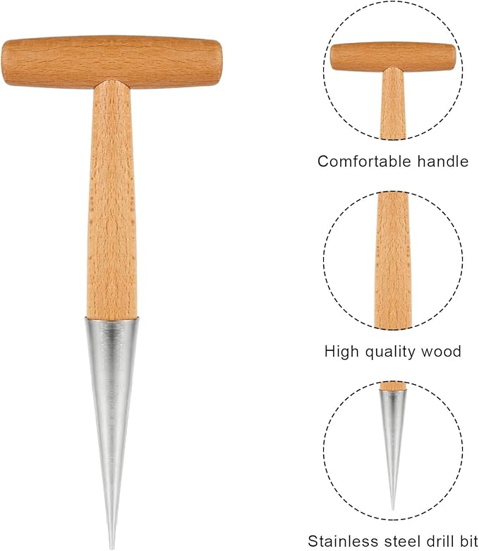 XIHIRCD Hand Dibber with Wooden Handle, Dibbler Gardening Tool Stainless Steel Head Hole Punch Hand Held Bulb Planter Solid Garden Sow Dibbler for Planting Seeds Flowers Tulips Daffodils Dahlias