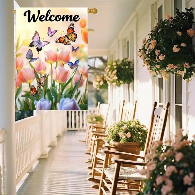 House Flags for Outside 28 x 40 Double Sided, Large Garden Flag Spring Summer Tulip Welcome Outdoor Flags Seasonal Farmhouse Outdoor Yard Décor