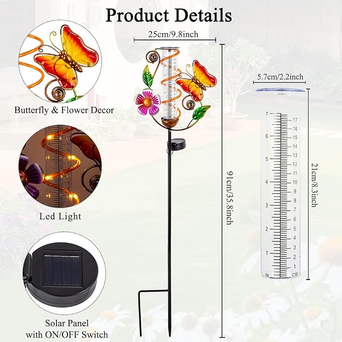 Rain Gauge Outdoor, Solar Rain Gauges for Yard, Butterfly Freeze Proof Rain Gauge with 7" Plastic Tube, Metal Decorative Water Gauge with Led Light