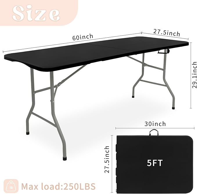 HAISIWLKJ Folding Table 5FT Camping Table Portable Heavy Duty Plastic Rectangular Outdoor Dining Table Steel Legs Fold-in-Half with Carrying Handle for Indoor,Picnic,Party,Wedding,Events(Black)