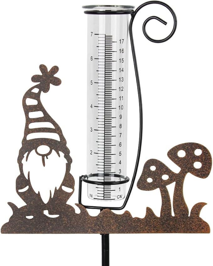 Rain Gauge Outdoor, Gnome Decorative Rain Gauges for Yard, Freeze Proof Rain Gauge with 7" Glass Tube, Metal Garden Stake for Measuring Precipitation