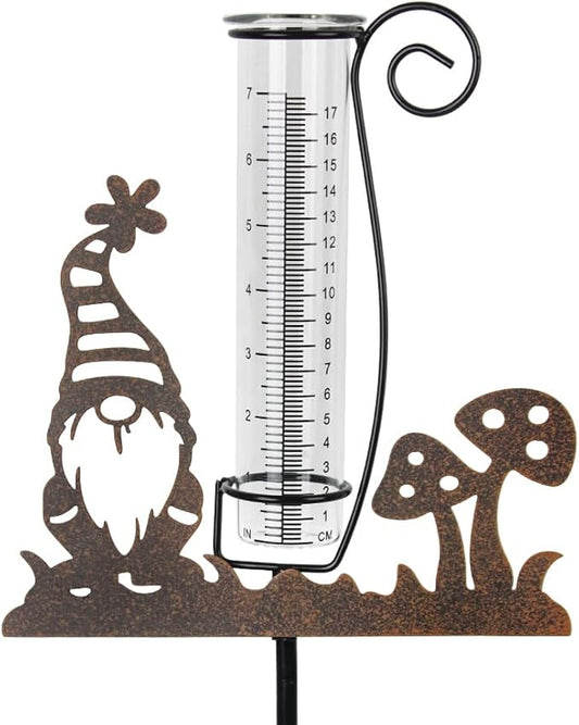 Rain Gauge Outdoor, Gnome Decorative Rain Gauges for Yard, Freeze Proof Rain Gauge with 7" Glass Tube, Metal Garden Stake for Measuring Precipitation