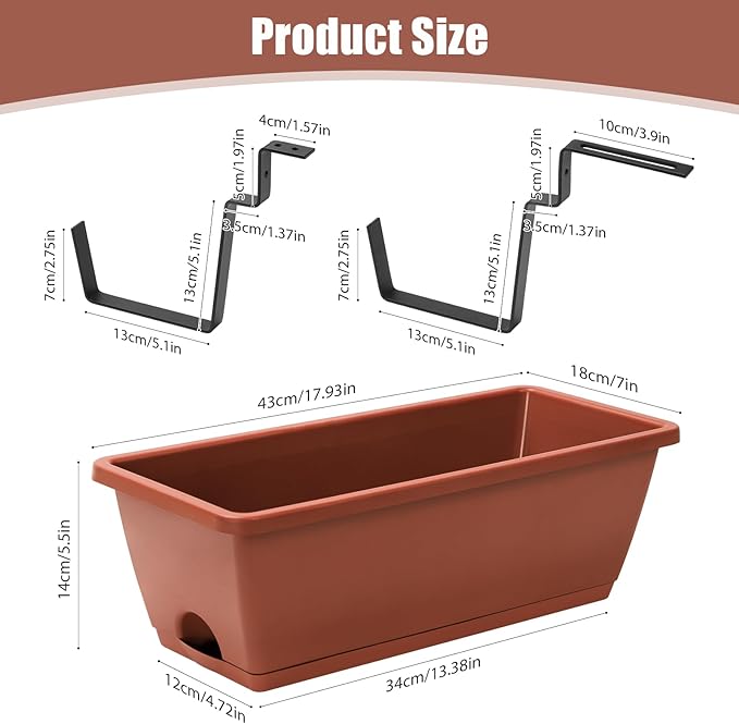 Sunexinlo 4-Pack Railing Planter Boxes with Double-Sided Adjustable Brackets, Plastic Rectangular Flower Boxes with Drainage Holes and Trays for Outdoor Balcony, Deck, Patio, Porch, Fence, Brick Red
