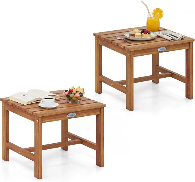 Tangkula Patio Acacia Wood Side Table, 17" Square End Table with Slatted Tabletop, Outdoor Wooden Accent Bistro Table for Backyard, Poolside, Garden, Porch, Indoor (Natural,2)