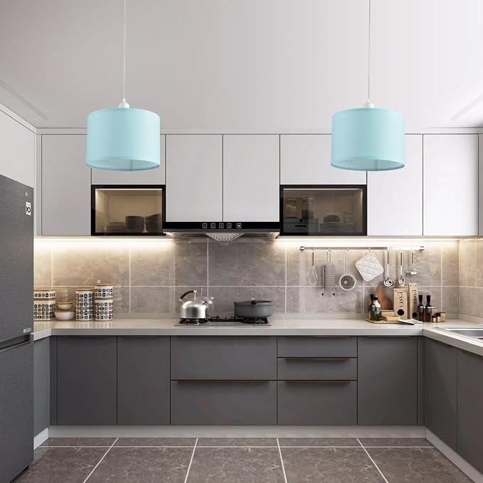 2 Pack Plug in Pendant Light, Hanging Light with 15Ft Clear Cord, On/Off Switch, Blue Fabric Lamp Shade, Hanging Light Fixture for Bedroom, Kitchen, Living Room, Dining Table