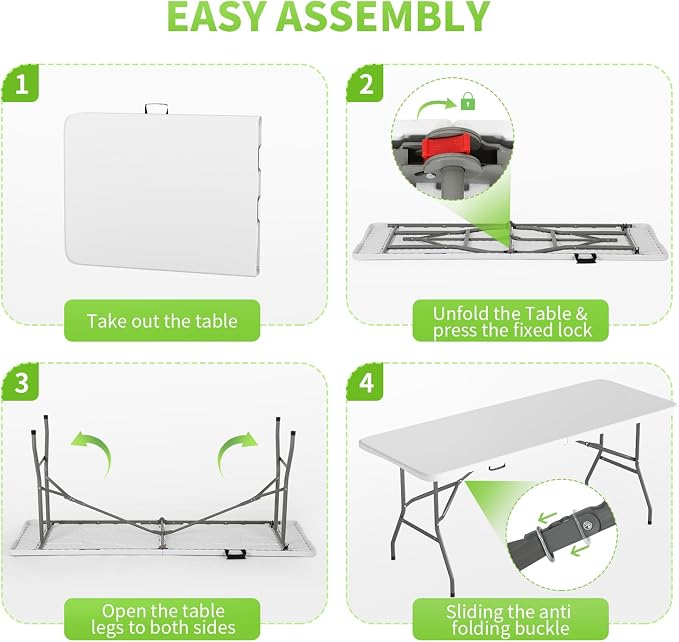 BestOffice 6 FT Picnic Table, Portable Plastic Folding Table with Carrying Handle Perfect for Picnics, Parties, Party and Camping, White