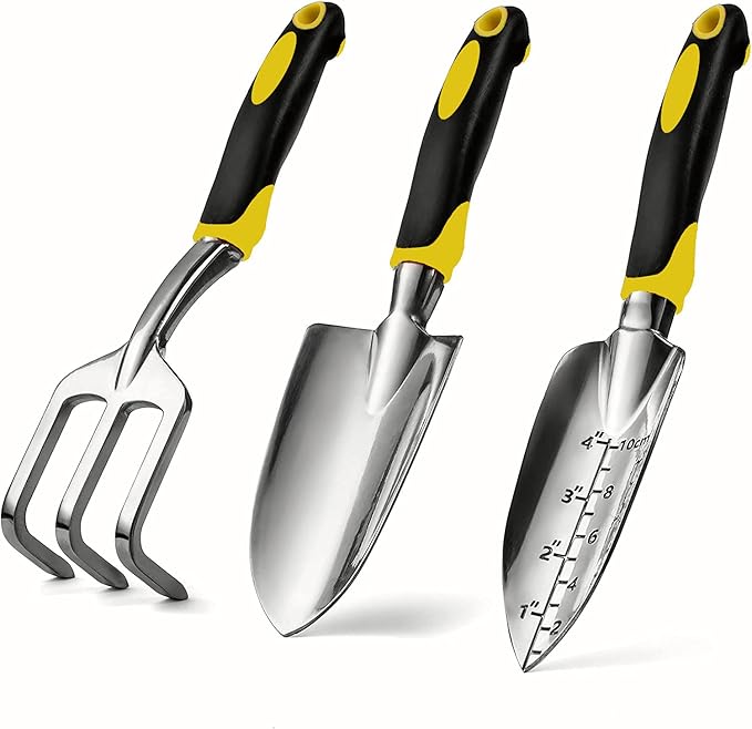 Garden Tool Set, 3 Piece Gardening Tools Includes Garden Trowel, Transplant Trowel and Hand Rake with Non-Slip Ergonomic Handle, Heavy Duty Garden Kit for Planting, Garden Gifts, Yellow