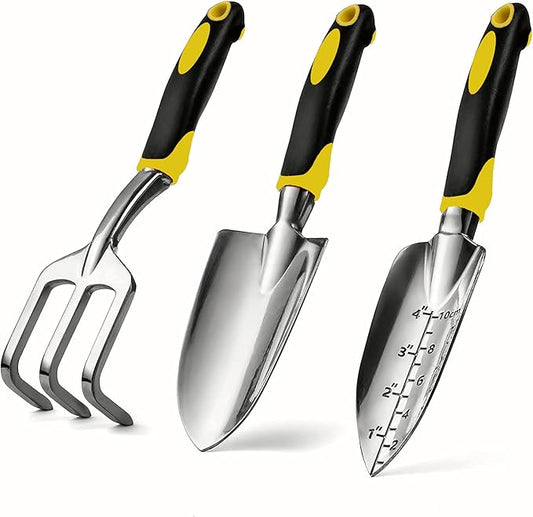 Garden Tool Set, 3 Piece Gardening Tools Includes Garden Trowel, Transplant Trowel and Hand Rake with Non-Slip Ergonomic Handle, Heavy Duty Garden Kit for Planting, Garden Gifts, Yellow