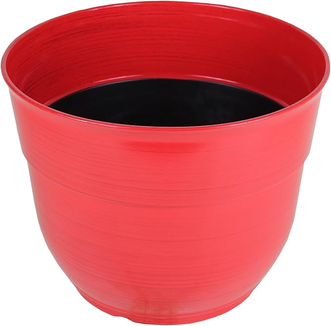 Garden Elements Indoor/Outdoor Glazed Brushed Happy Plastic Planter, Large, Bright Red, 15"