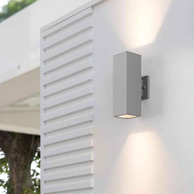 mirrea Modern Outdoor Porch Light Patio Light in 2 Lights with Aluminum Rectangular Tube and Tempered Glass Cover Waterproof Wall Sconce 2 Pack Matte Gray