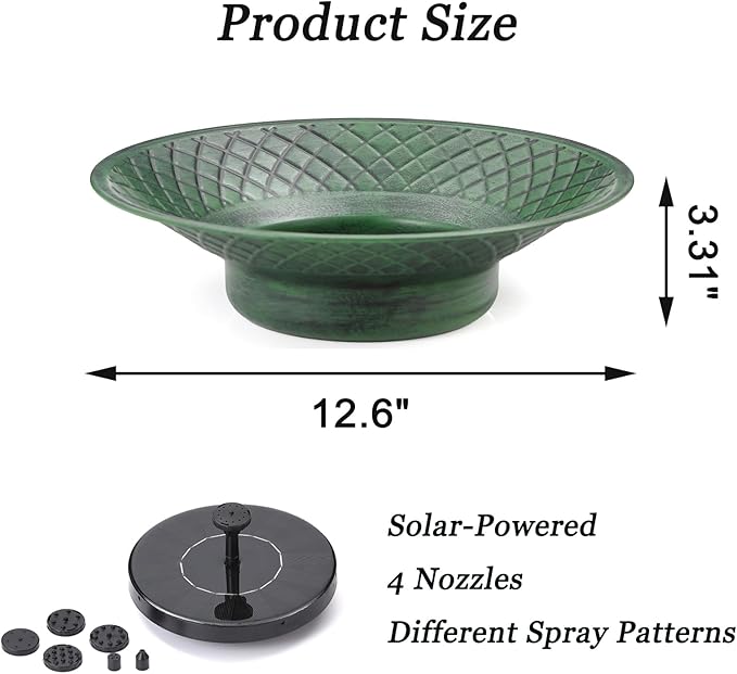 12.6" Bird Bath for Outside, Solar Bird Bath Fountains, Bird Bath Bowl Outdoor, Solar Powered Bird Baths for Garden Patio Decor (Green)