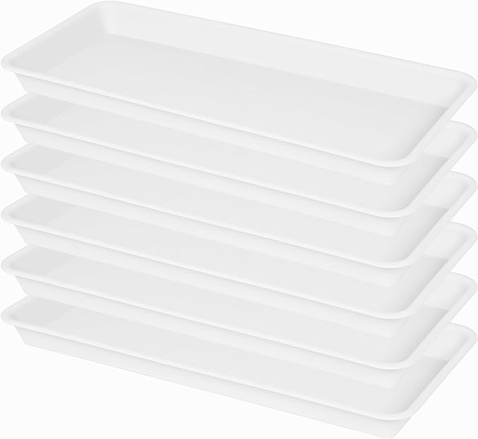 VUWEZ 6 Pack Plastic Plant Tray Saucer, Rectangular, Indoors Outdoor, Water Drip Tray for Flower Pot Planter, Windowsill (6 X 11 Inch, White)