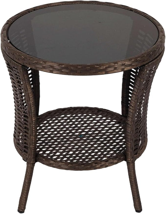 Outdoor Side Table - Patio Wicker End Table with Extra Storage Shelf, Rattan Outdoor Side Table with Round Glass Tabletop for Garden, Backyard, Porch, Black Gold