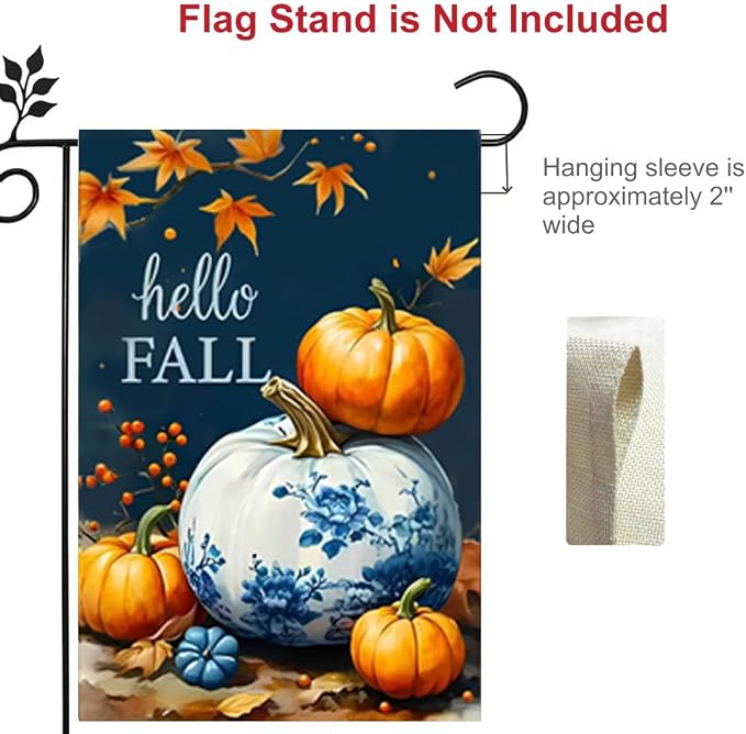 Hello Fall Garden Flag 12x18 Double Sided, Burlap Seasonal Thanksgiving Autumn Blue Pumpkin Garden Flags Fall Decorations for Home Outside Porch Garden Decor, Small Decorative Outdoor Yard Lawn Flags