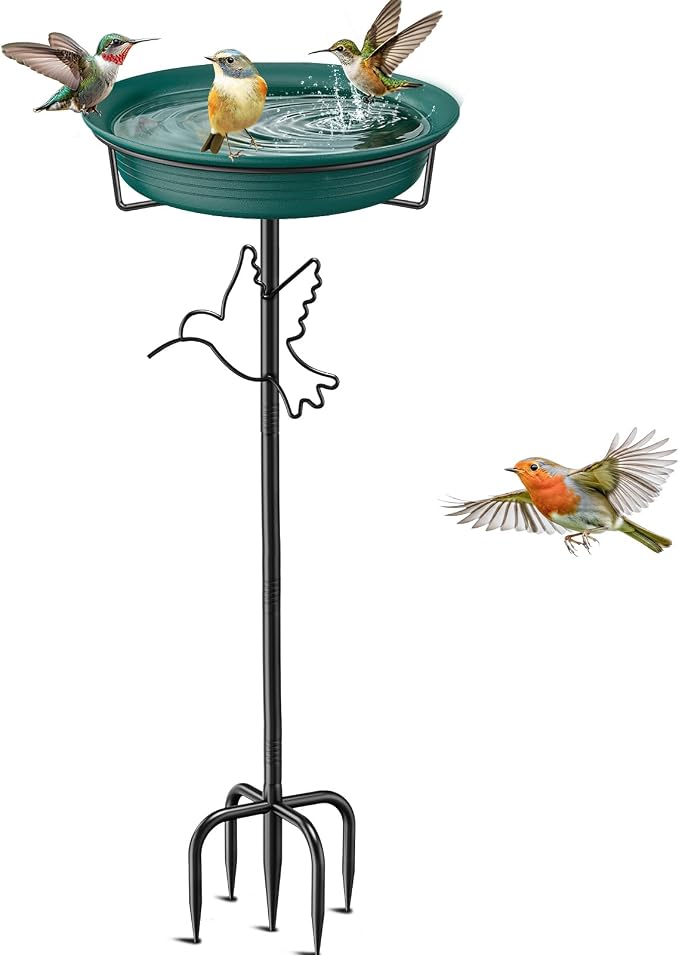 Bird Baths for Outdoors, Detachable Birdbaths for The Garden Clearance, Heavy Duty Freestanding Bird Baths, Bird Bath Bowl Spa & Birdfeeder with 5-Pronged Metal Stake Stand (Green-2)