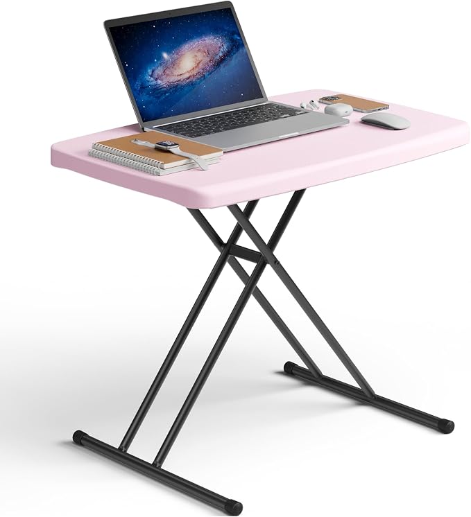 Folding Table 30 Inch - Small Desk Adjustable Height TV Tray for Laptop, Couch, Camping - Heavy Duty Utility Foldable Table for Small Spaces, No Assembly Required, Granite (Pink)