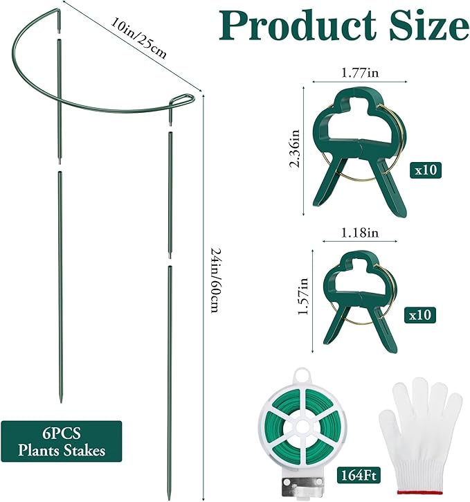 Unves 6 Pack Peony Cages and Supports, 10" W x 24" H Adjustable Tall Plant Peony Support Cages, Heavy Duty Half Round Peonies Ring Metal Plant Stakes for Outdoor Plants, Garden Vegetables & Flowers