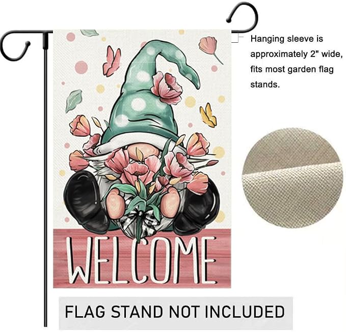 Spring Welcome Garden Flag 12.5 x 18 Inch Gnome with Floral Decorative Double Sided Burlap Flag For Seasonal Farmhouse Yard Outdoor Decor