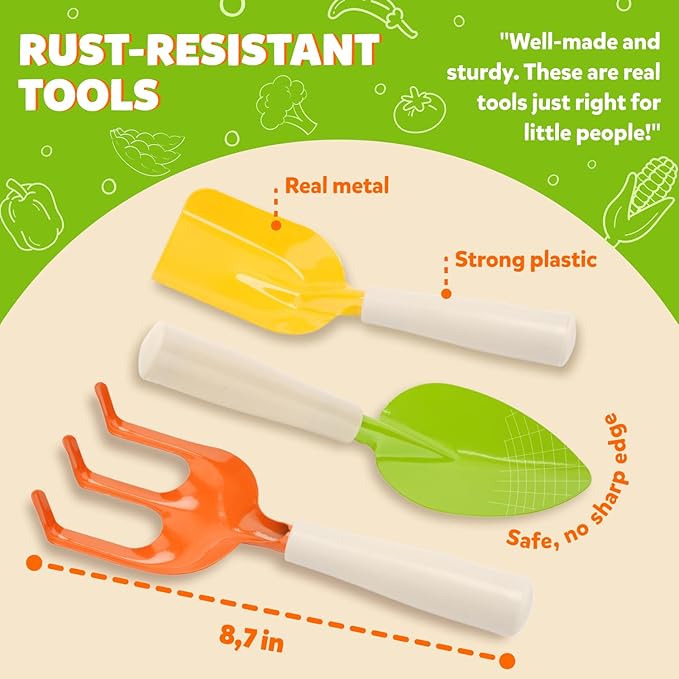 Kids Gardening Set – Toddler Gardening Kit Includes Watering Can for Kids, Shovel, Rake, Plant Stakes, Kids Gardening Gloves, Tote Bag & STEM Learning Gardening Guide Book - Garden Tool Set Green