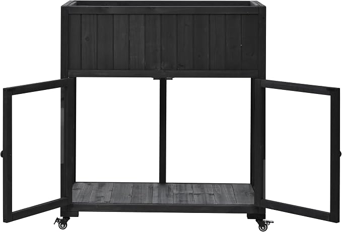 Merax Raised Garden Bed with Leg, Potting Bench with Wheels Outdoor Garden Work Bench Station Planting Solid Wood Construction for Horticulture w/Storage Cabinet, Black