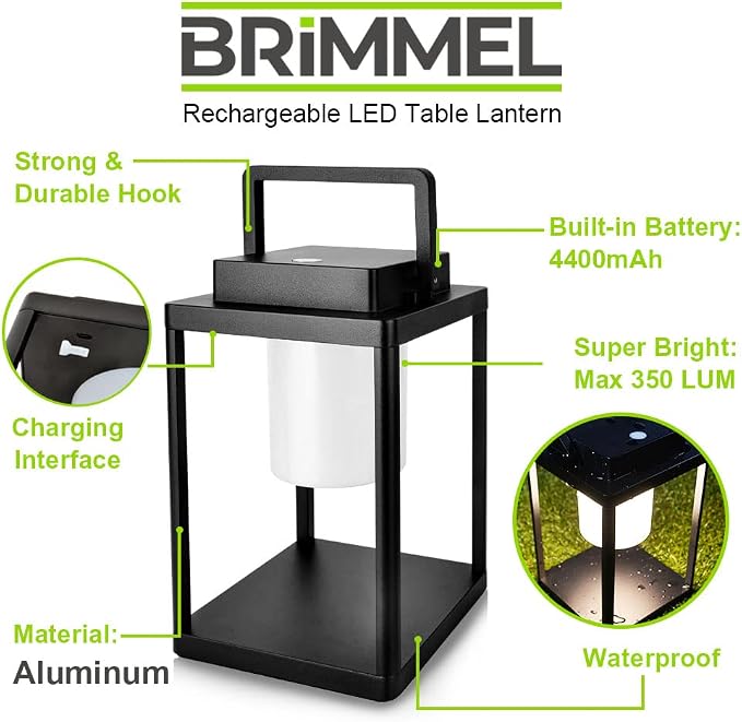 Aluminum Outdoor Table Lamp - Rechargeable 350 Lumen 3 Level Touch Control, IP44 Waterproof Cordless Outdoor Lamps Table Lantern with USB Port for Patio(3000K Warm White)