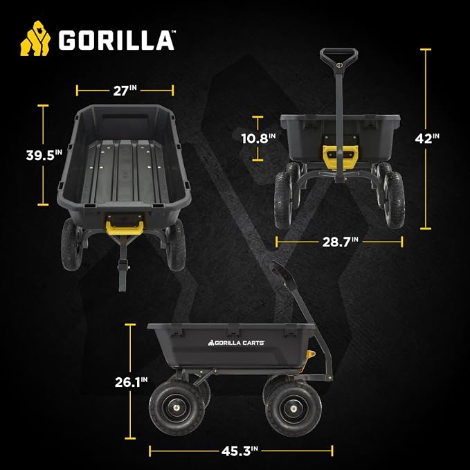 Gorilla Carts 7GCG-NF Heavy-Duty Poly Dump Garden Cart with No-Flat Tires, 7 Cubic Feet, 1200-Pound Capacity, Black, Amazon Exclusive