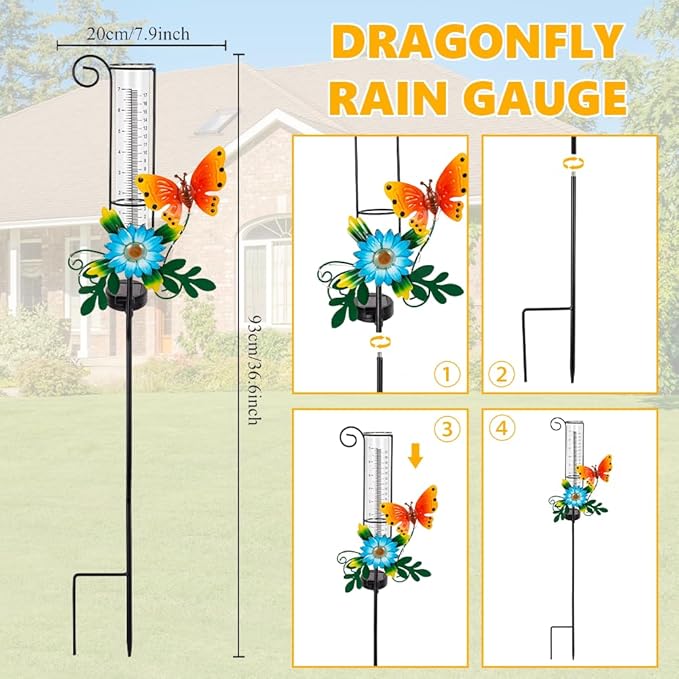 Rain Gauge Outdoor,Rain Gauges,Glass Decorative Rain Guage with Metal Stake for Garden Yard Lawn Decor,Butterfly