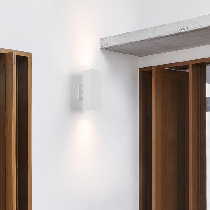 mirrea Modern Outdoor Porch Light Patio Light in 2 Lights with Aluminum Rectangular Tube and Tempered Glass Cover Waterproof Wall Sconce 2 Pack Matte White