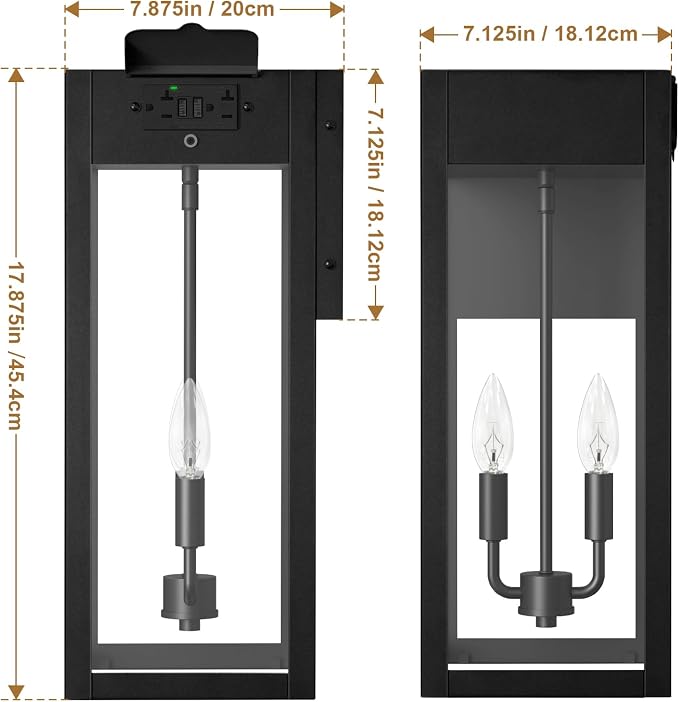2-Pack 17.87" Extra Large Outdoor Wall Lights with GFCI Outlet, Black 2-Light Porch Lights Outdoor, Waterproof Exterior Lamp with E12 Sockets for House, Porch, Patio, Garage