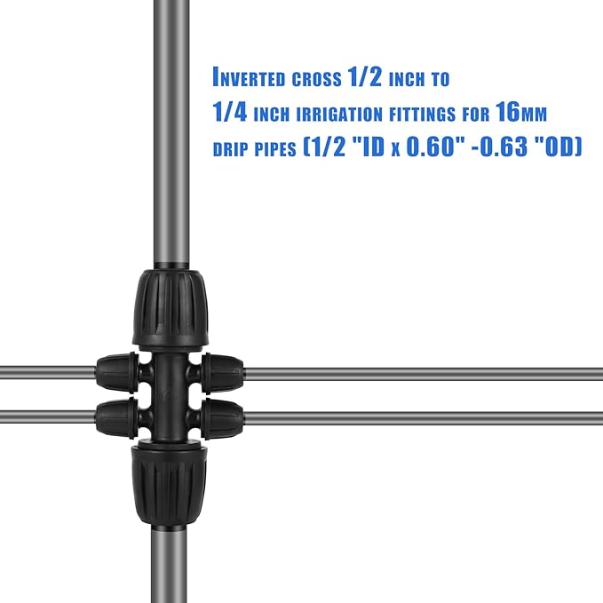 1/2 Inch to 1/4 Inch Tubing Irrigation Fittings for (1/2'' ID x 0.60''-0.63'' OD) 16mm Drip Tubing,Locked Barbed Tee Connectors (10 Pcs Barbed Tee 6-Way)