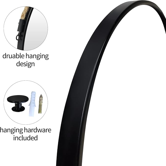 POZINO Round Hanging Mirror with Rope, 30 Inch Large Circle Wall Mirror, Black Metal Frame Farmhouse Mirror for Bathroom Bedroom Living Room Entryway Hallway