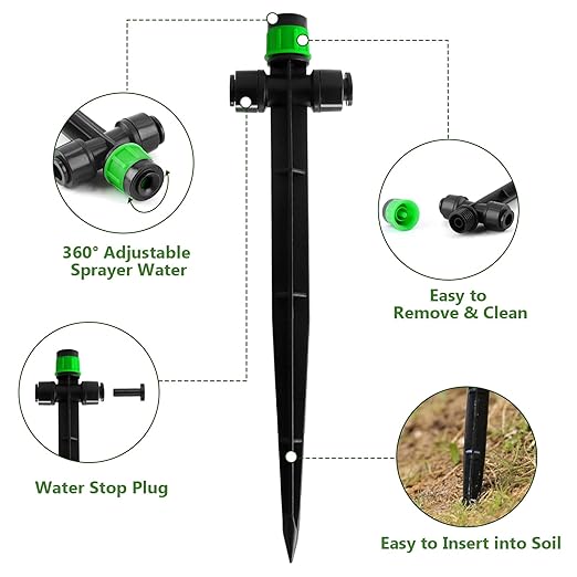 Kalolary Drip Irrigation Emitters, 30pcs Adjustable 360 Degree Water Flow Emitters for 1/4" Tubing, Two-Way Connection Irrigation Drippers for Garden, Lawn, and Greenhouse Watering Systems(Green)