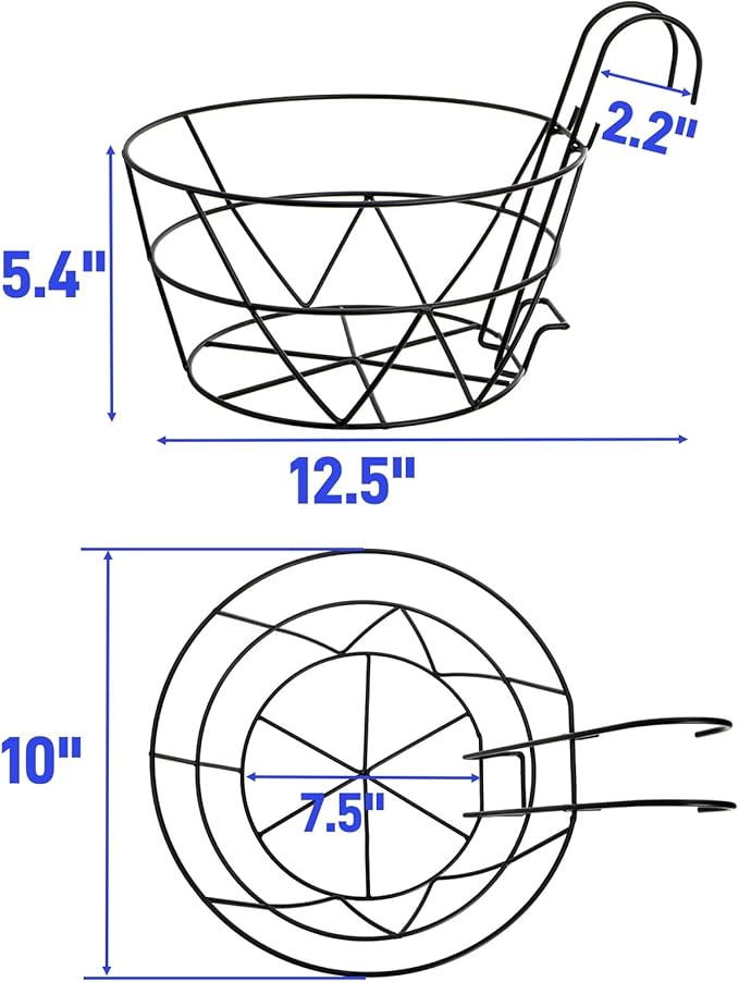 Pumtus 3 Pack Railing Planter Holders, 10'' Round Iron Hanging Fence Pot Basket, Over The Rail Indoor Outdoor Plant Hanger Rack, Black Balcony Flower Stand Shelf for Porch, Railing, Patio, Garden