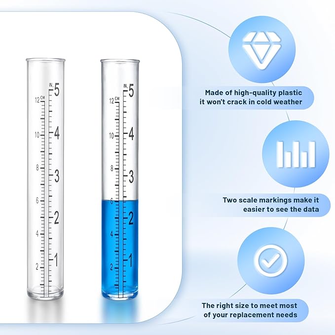 Larrel 2 Pcs Plastic Rain Gauge Replacement Tubes, 5.31inx0.91in/13.5cmx2.3cm Clear Practical Outdoor Rain Gauges with Dual Scales Outdoor Rains Gauges for Outdoors Garden Yard Home Using
