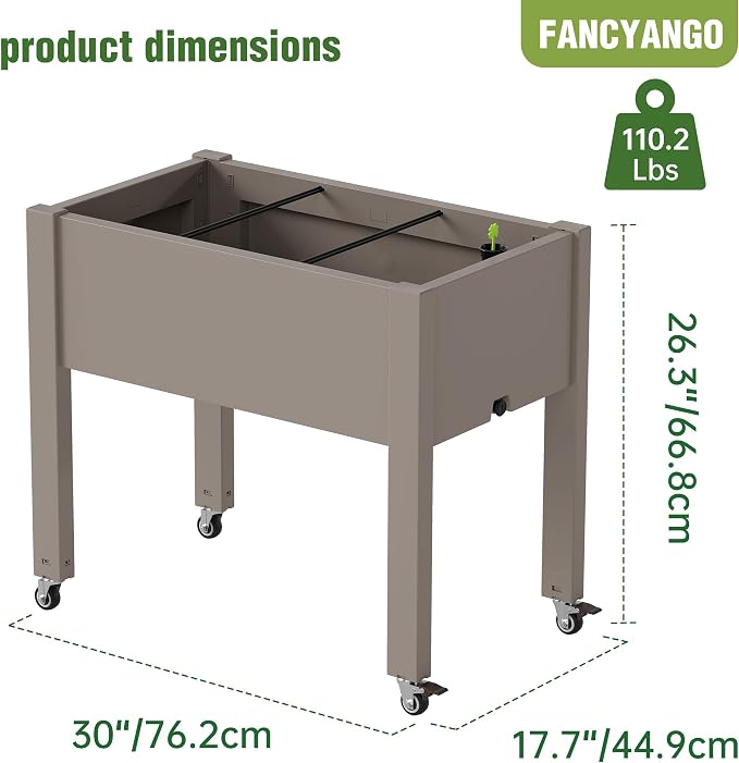Elevated 26.3" Tall Raised Garden Bed with Wheels - Outdoor Mobile Resin Planter Box with Drainage Holes for Vegetables Flower Herbs, Weather Resistant, Light Brown (26.3" h)