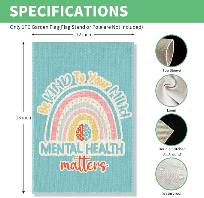 Perfectinsoy Be Kind To Your Mind Mental Health Matters Awareness Boho Garden Flag, Welcome Yard Home Holiday Farmhouse Porch Patio Lawn Classroom Outside Decor, Mental Health Awareness Banner