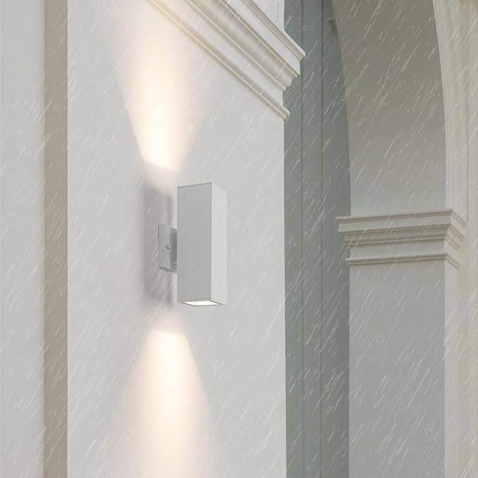 mirrea Modern Outdoor Porch Light Patio Light in 2 Lights with Aluminum Rectangular Tube and Tempered Glass Cover Waterproof Wall Sconce 2 Pack Matte White