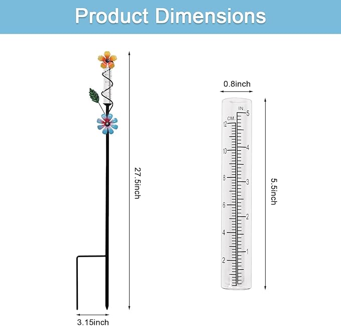 Flower Rain Gauge Outdoor, 5 Inch Glass Tube Freeez-Proof Metal Stake Weather-Resistant Rain Gauge-Lawn and Garden Yard Decor for Accurate Precipitation Measurement
